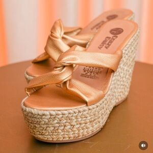 Gold Metallic Wedge Sandals with Espadrille Platform